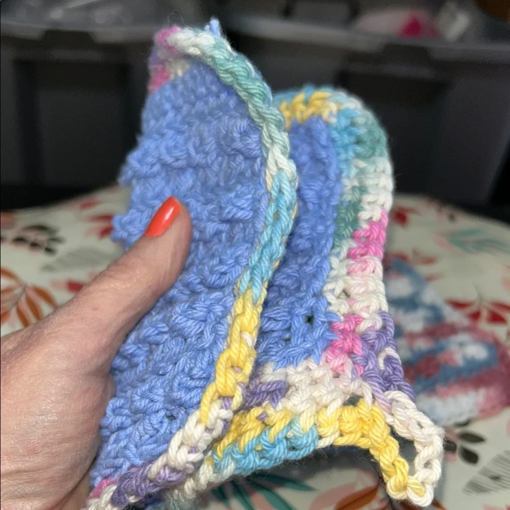 Handmade Crochet wash cloths and draw string bag for soap slivers. In blue green
